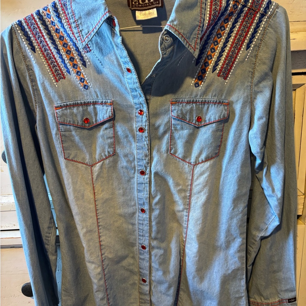 Embroidered Denim Button-Up Shirt